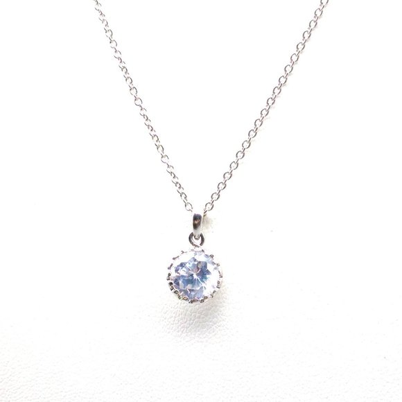 Vintage CZ Solitaire Bezel Set Pendant Necklace on Delicate Silver Tone Chain - Picture 3 of 4